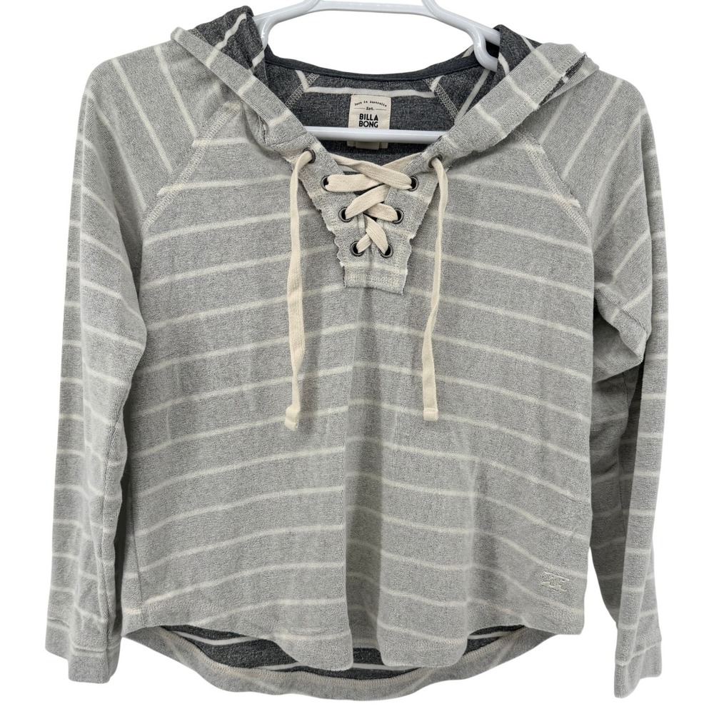 Billabong Hoodie Women Small Gray Striped‎ Lace Up Pullover Terry Cloth Beach